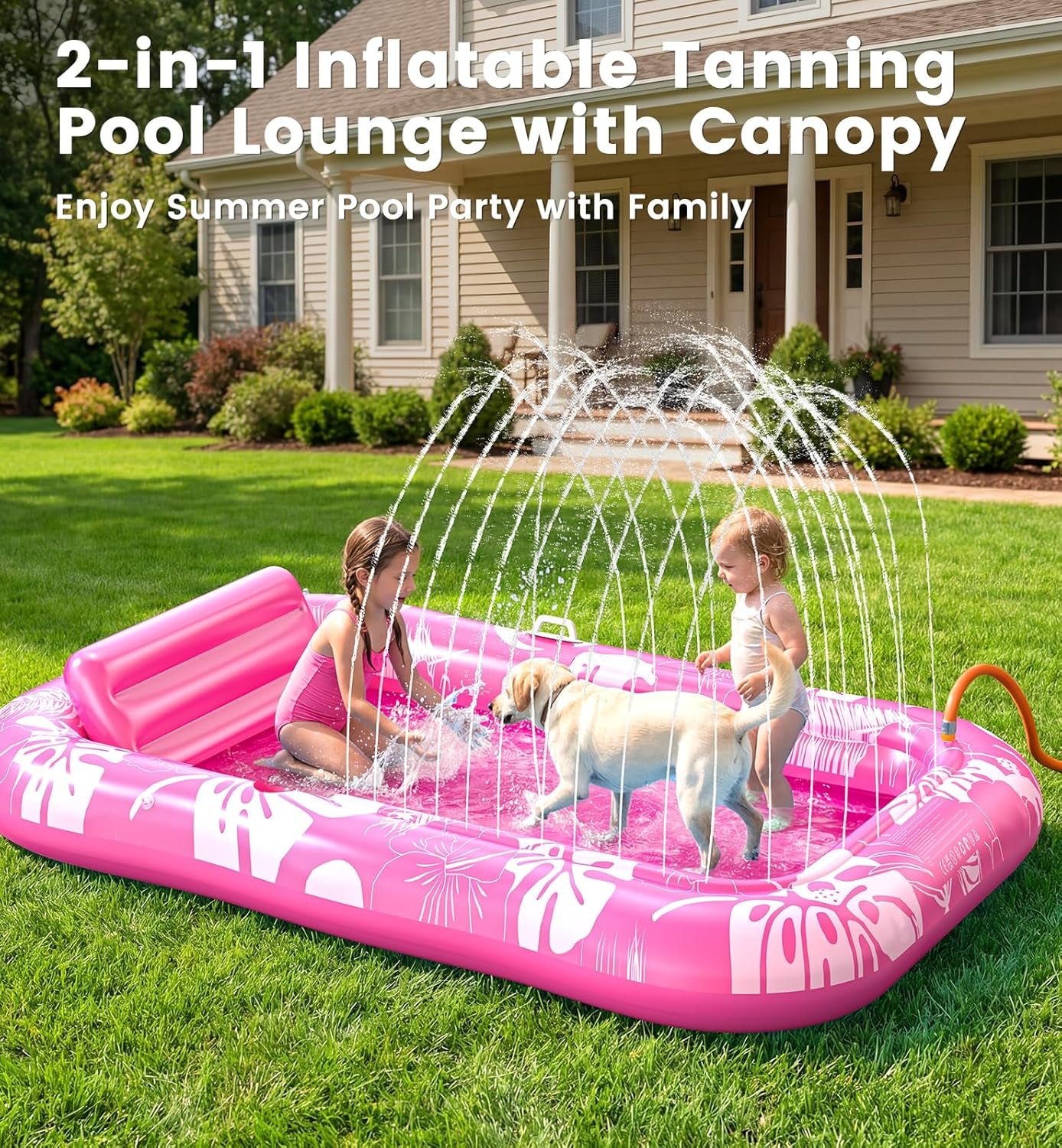 Inflatable Tanning Pool Lounger Float with Sprinkler & Canopy UPF50+, 77" X 48" Extra Large Tanning Pool Float for Adults, Sunbathing Water Lounge Bed with Pillow & Cup Holder for Backyard & Pool