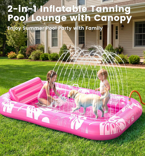 Inflatable Tanning Pool Lounger Float with Sprinkler & Canopy UPF50+, 77" X 48" Extra Large Tanning Pool Float for Adults, Sunbathing Water Lounge Bed with Pillow & Cup Holder for Backyard & Pool