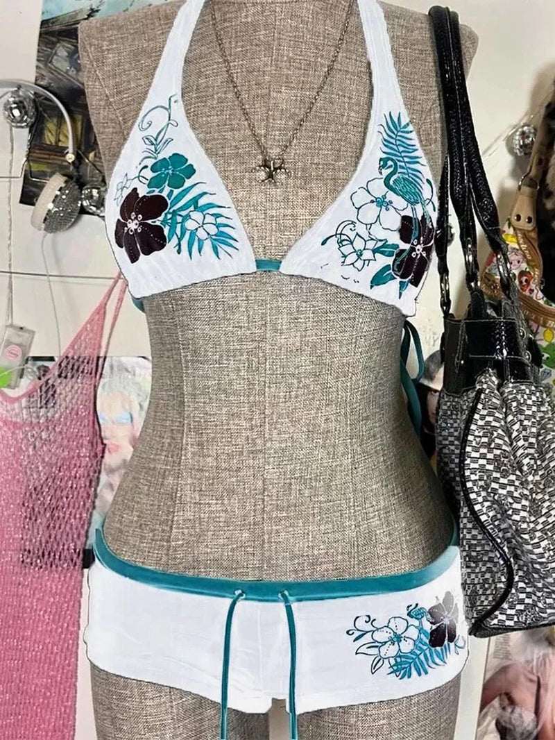 Vintage Flower Print Cutie Set Bikini 2000S Swimsuit Sexy Women Bathing Fashion Halter Strap Swimwear High Street Beach Female