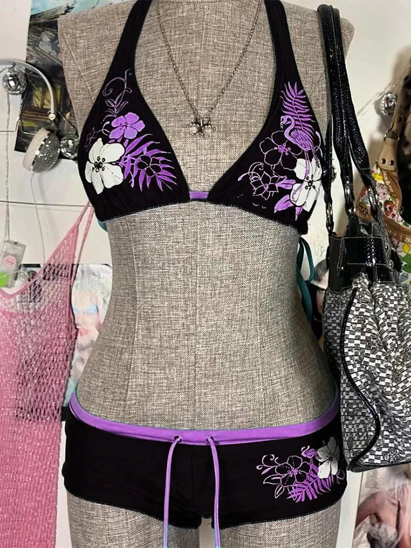 Vintage Flower Print Cutie Set Bikini 2000S Swimsuit Sexy Women Bathing Fashion Halter Strap Swimwear High Street Beach Female