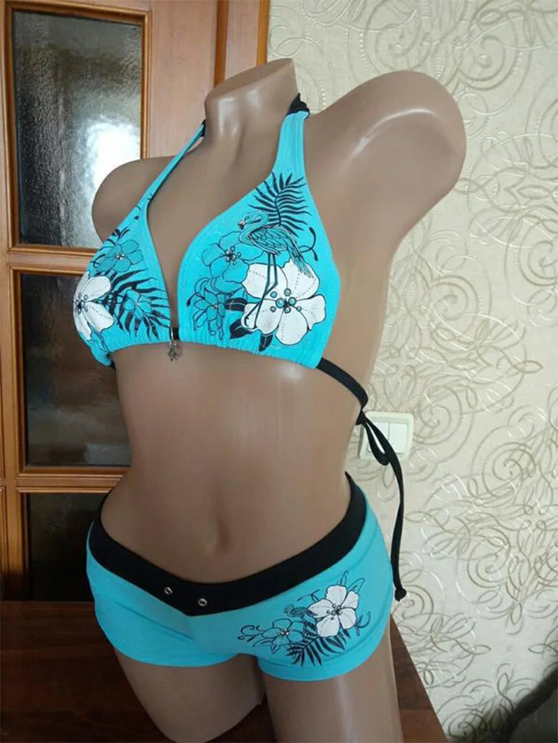 Vintage Flower Print Cutie Set Bikini 2000S Swimsuit Sexy Women Bathing Fashion Halter Strap Swimwear High Street Beach Female