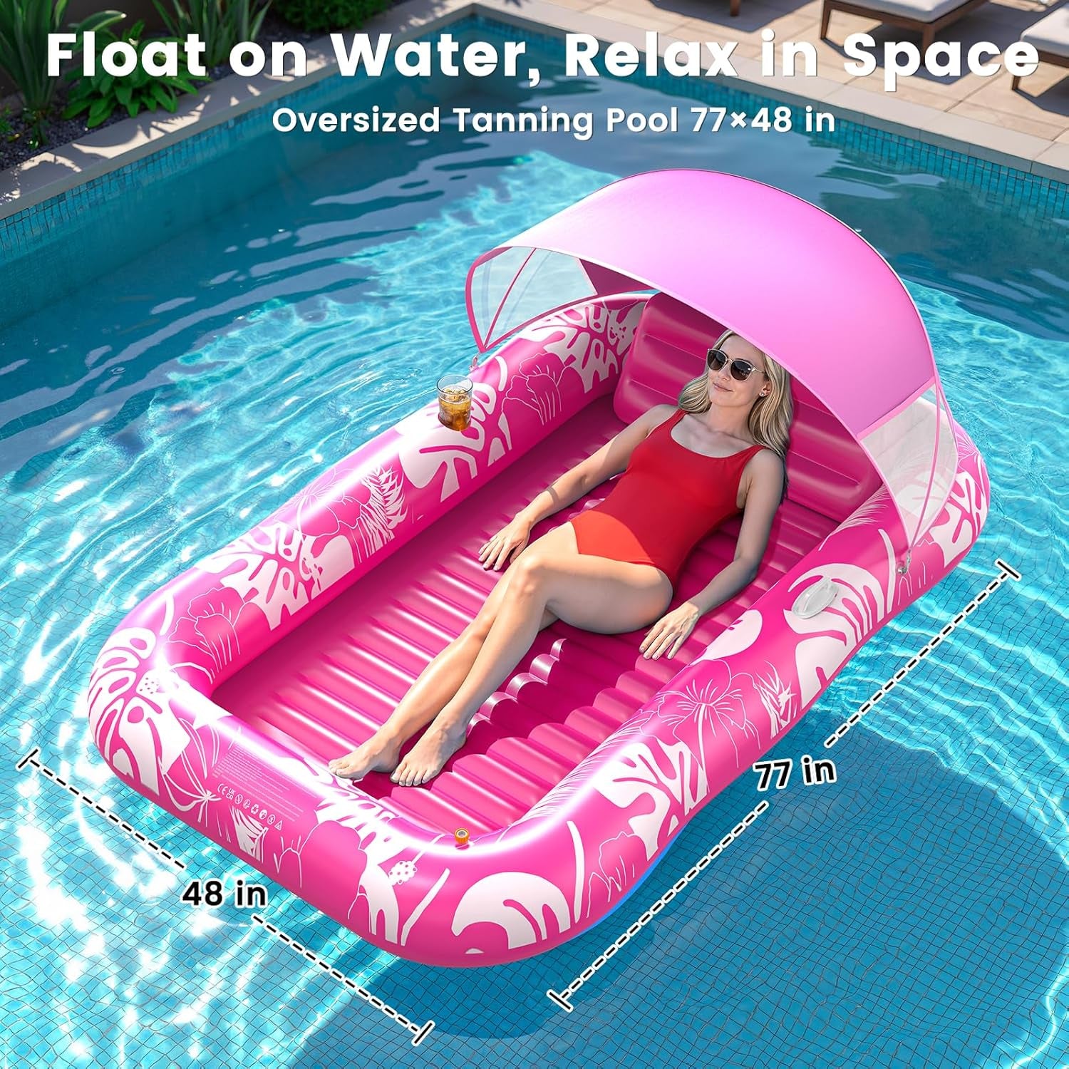 Inflatable Tanning Pool Lounger Float with Sprinkler & Canopy UPF50+, 77" X 48" Extra Large Tanning Pool Float for Adults, Sunbathing Water Lounge Bed with Pillow & Cup Holder for Backyard & Pool