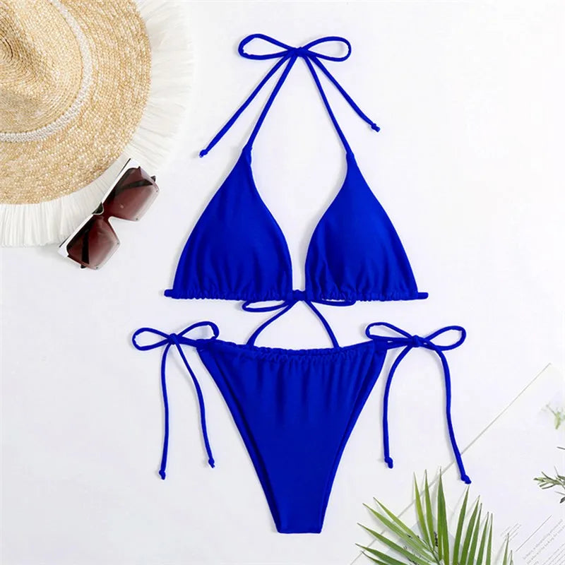 Women Adjustable Neck Strap Split Bikini Multicolor Sexy European American Style Swimsuit Set without Steel Ring and Chest Pad
