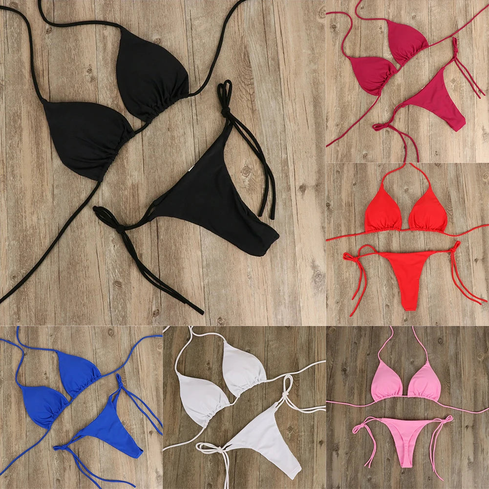 Women Adjustable Neck Strap Split Bikini Multicolor Sexy European American Style Swimsuit Set without Steel Ring and Chest Pad