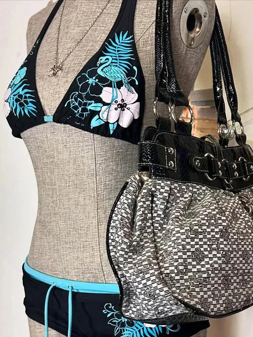 Vintage Flower Print Cutie Set Bikini 2000S Swimsuit Sexy Women Bathing Fashion Halter Strap Swimwear High Street Beach Female
