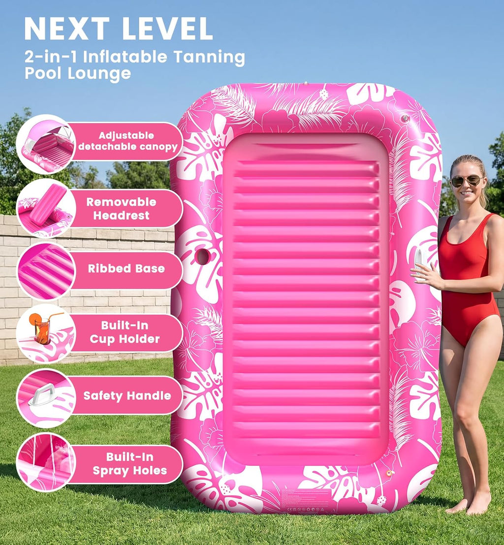 Inflatable Tanning Pool Lounger Float with Sprinkler & Canopy UPF50+, 77" X 48" Extra Large Tanning Pool Float for Adults, Sunbathing Water Lounge Bed with Pillow & Cup Holder for Backyard & Pool